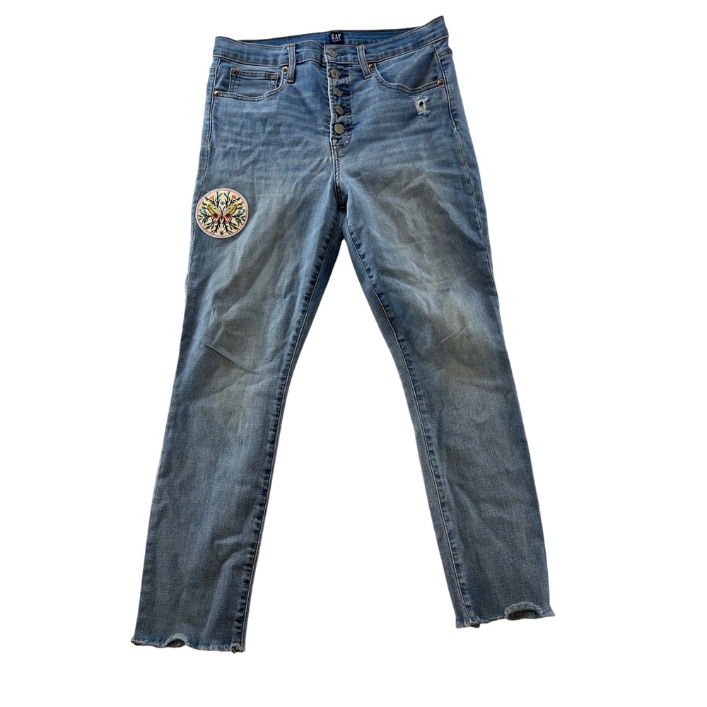 GAP High Rise True Skinny Jeans Button Fly Distressed Embroidered Patch Women's